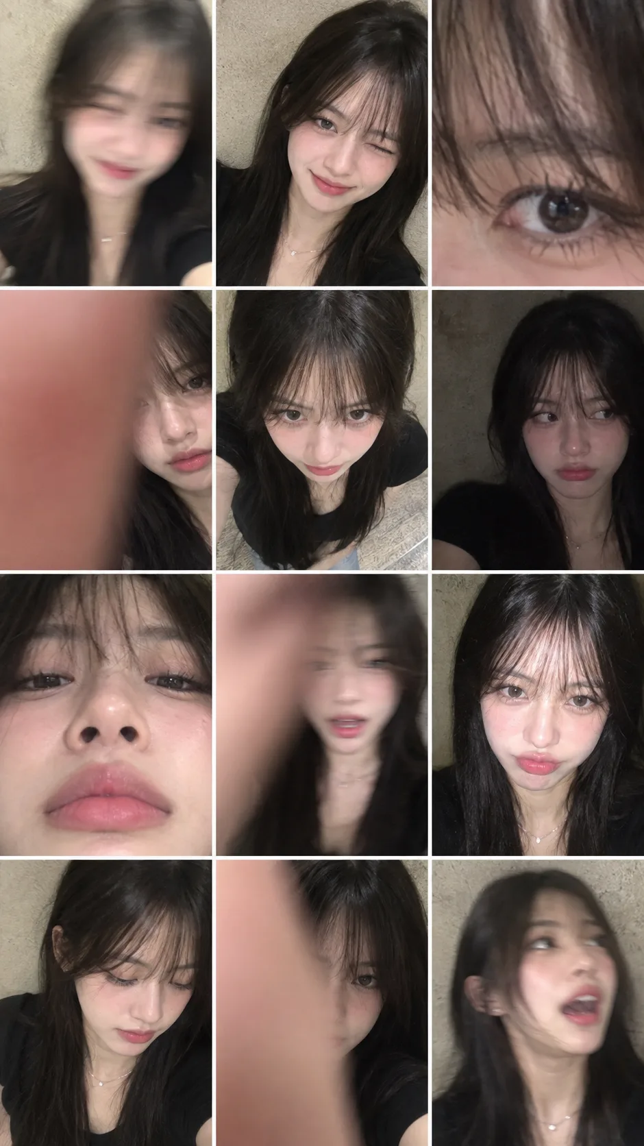 Generate a realistic, vertical 9:16 image collage arranged in a 3x4 grid (12 panels total) simulating an amateur's 'camera roll' of failed