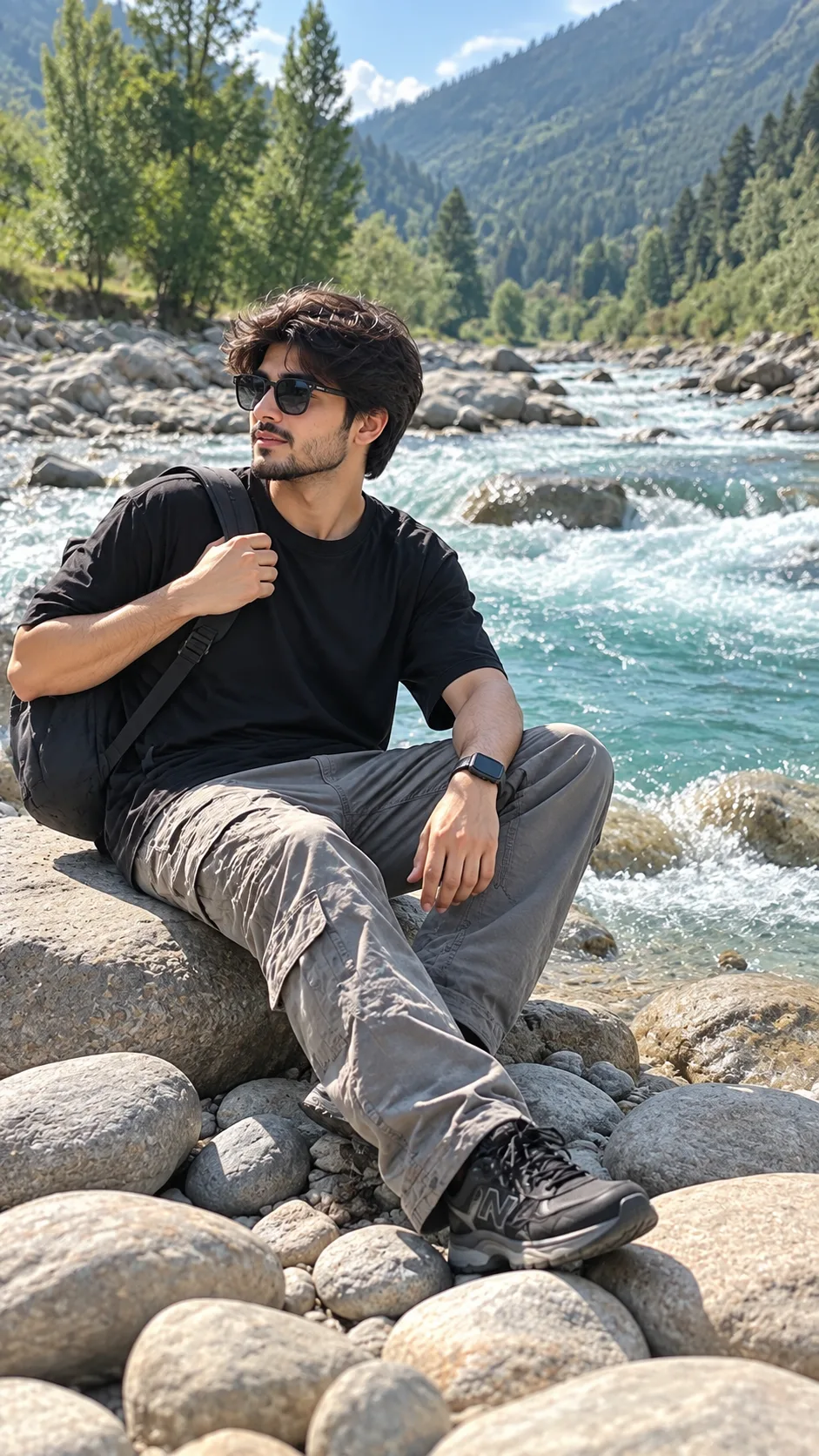 16K ultra-realistic portrait of a stylish young man sitting casually on large river rocks beside a fast-flowing turquoise-blue river in a