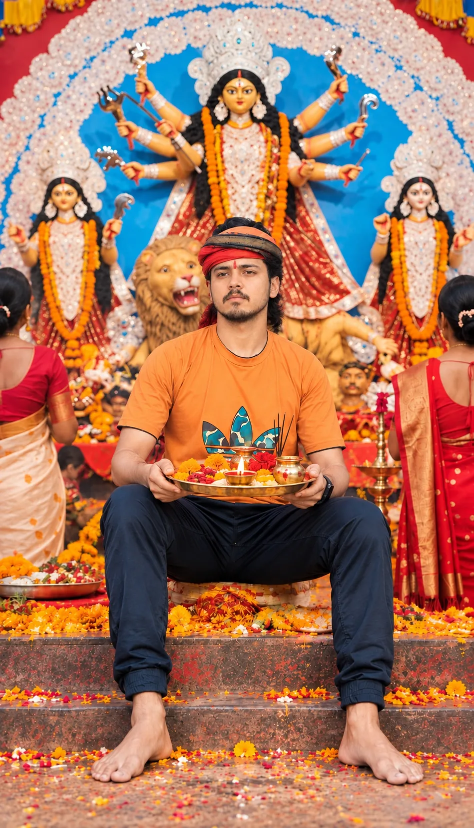 Ultra-photorealistic 8K devotional portrait of a young South Asian man sitting barefoot on temple steps during a grand Durga Puja