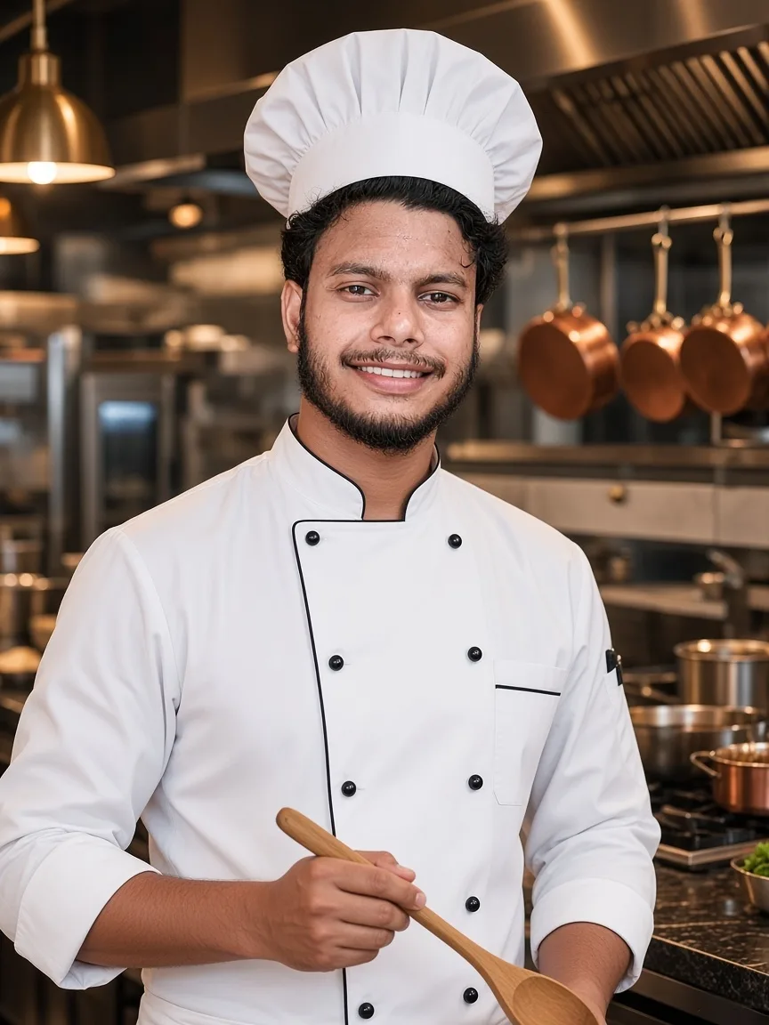A smiling young South Asian man with short dark curly hair and a neatly trimmed beard, wearing a crisp white double-breasted chef’s jacket