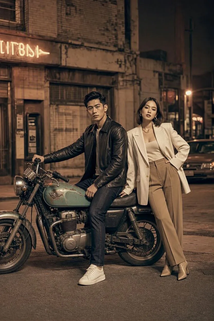 A high-fashion cinematic portrait of an attractive Asian couple posing on a moody city street at night.