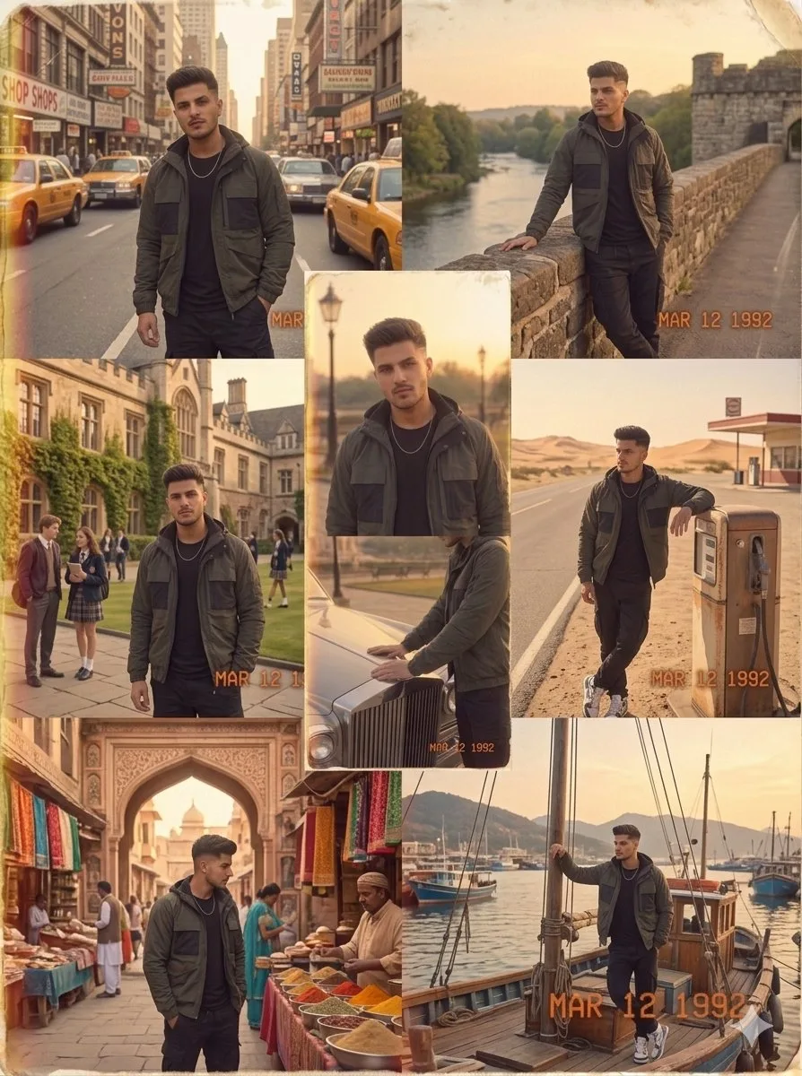 An absolute visual masterpiece, hyper-photorealistic and ultra-detailed multi-panel photo collage capturing a highly handsome, modern young