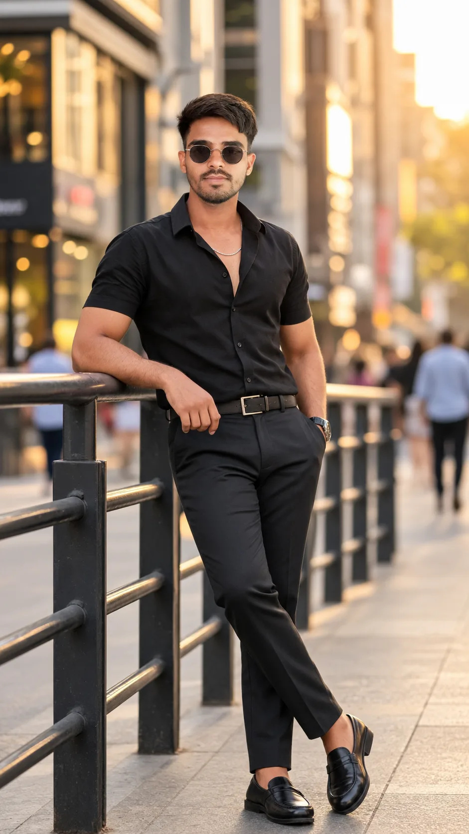 A highly realistic full-body fashion portrait of a young South Asian man standing confidently on a modern city sidewalk during golden hour.