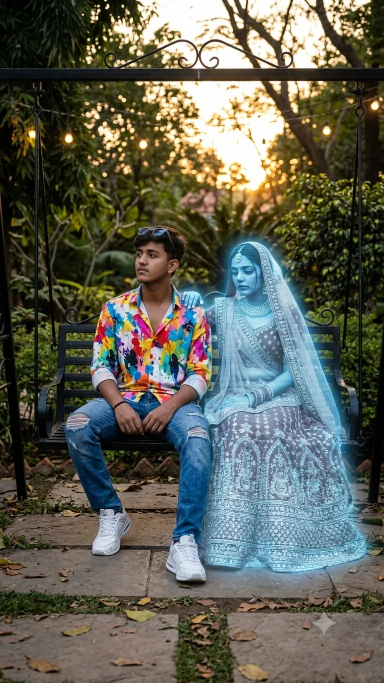A cinematic, high-quality photo of a stylish 22-year-old Indian man sitting casually on a black metal garden swing bench.