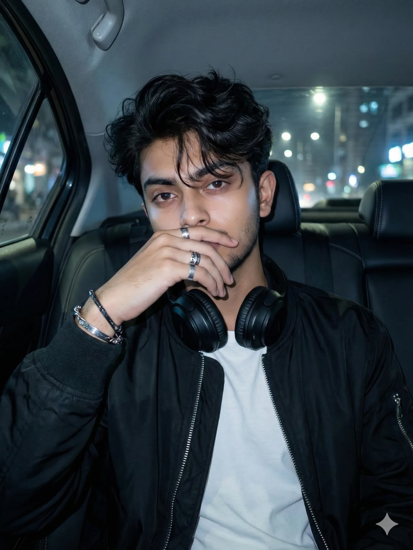 REALISTIC PORTRAIT OF ME (USING REFERENCE FEATURES) IN A CAR BACKSEAT AT NIGHT.