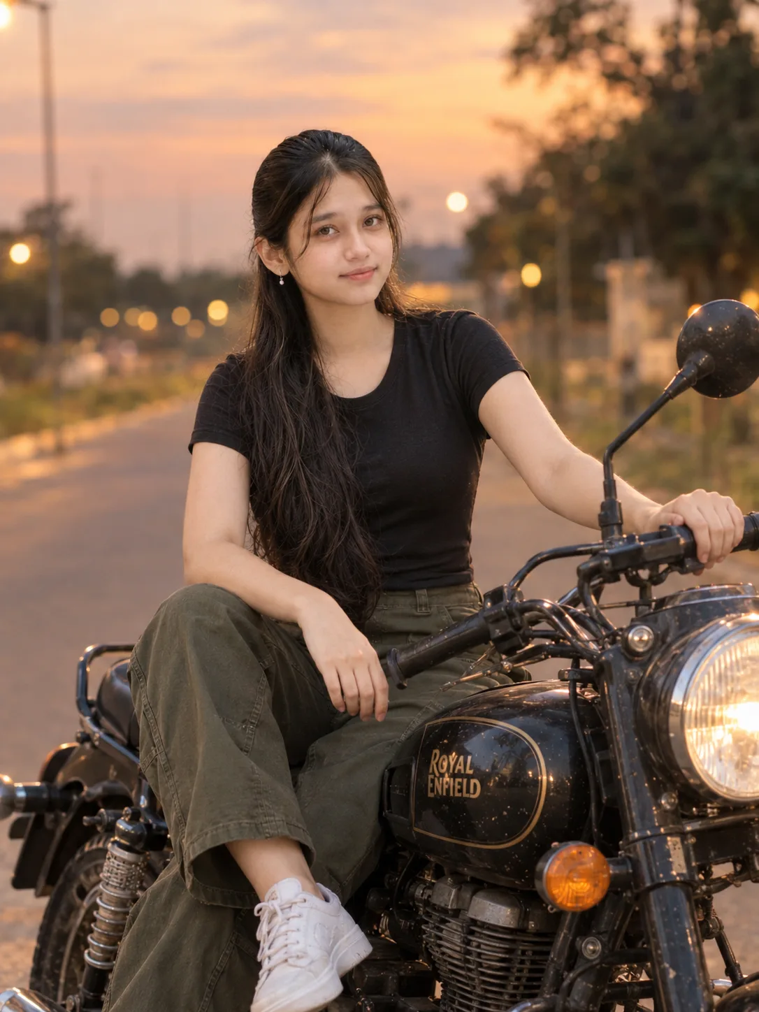 A highly detailed cinematic photograph of a young woman sitting on a vintage motorcycle at dusk.