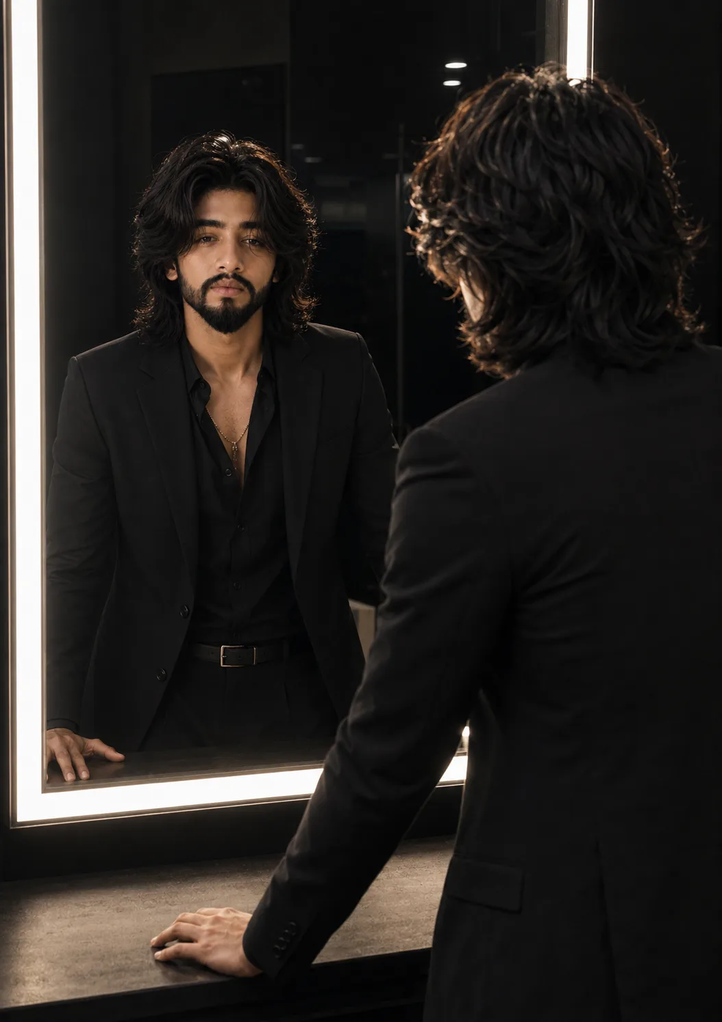 "A professional photorealistic portrait of a stylish person in a sharp black suit and unbuttoned black shirt, standing and looking directly
