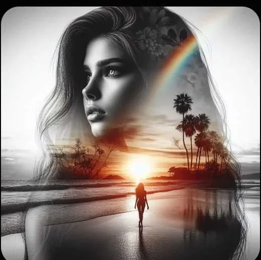 Double exposure portrait, black and white close-up of beautiful woman face in profile blended with colorful beach sunset scene, silhouette