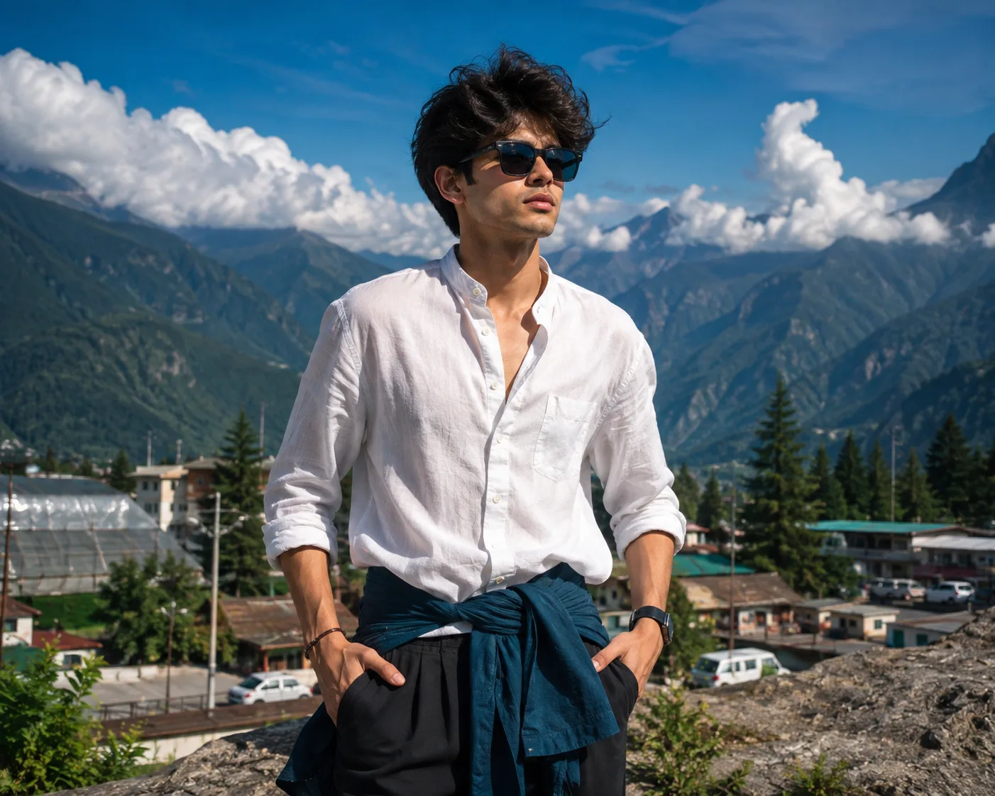 ultra-realistic, premium cinematic outdoor fashion portrait** of a stylish young male traveler standing confidently at a scenic elevated