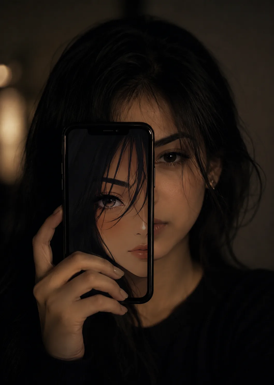 A cinematic portrait of the image On the phone screen is a hyper-stylized 2D anime girl face with sharp features, glossy lips, and detailed