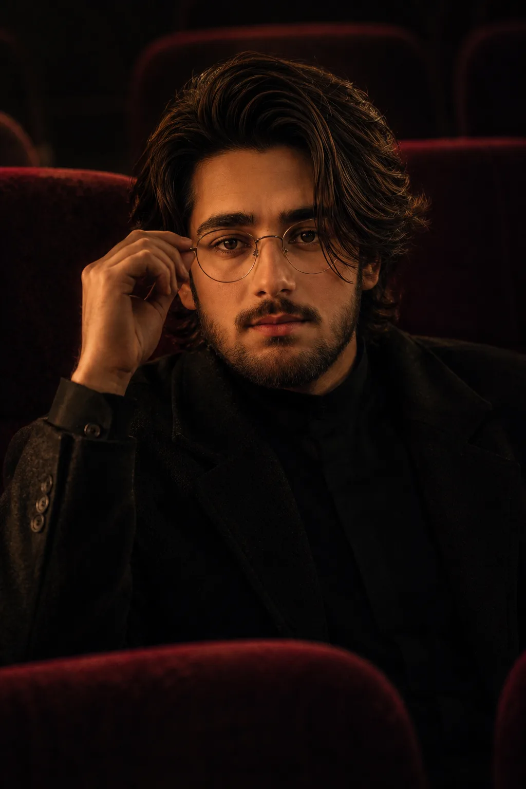 A dark, cinematic, photorealistic portrait of a **handsome young adult man** seated alone in a vintage theater or cinema, surrounded by