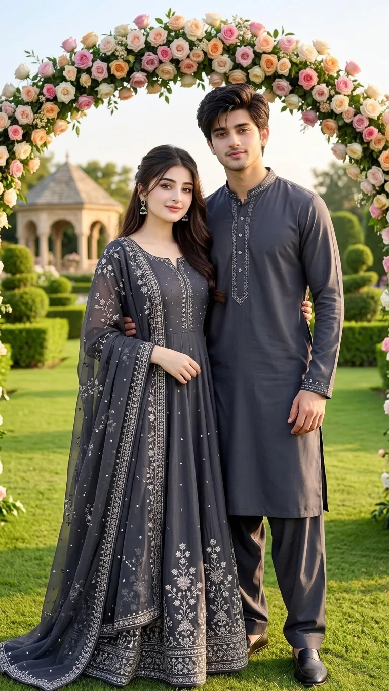> **CONCEPT:** A luxurious, photorealistic full-body outdoor photograph featuring the same man and woman from `image_67.png`, maintaining