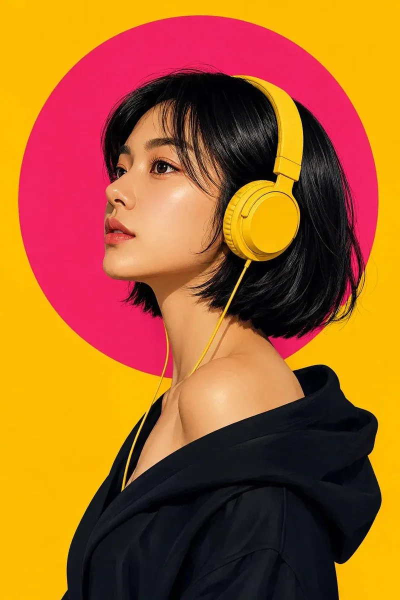 Create an ultra-detailed modern pop-art portrait of a confident East Asian woman in a clean left-side profile, looking slightly upward with