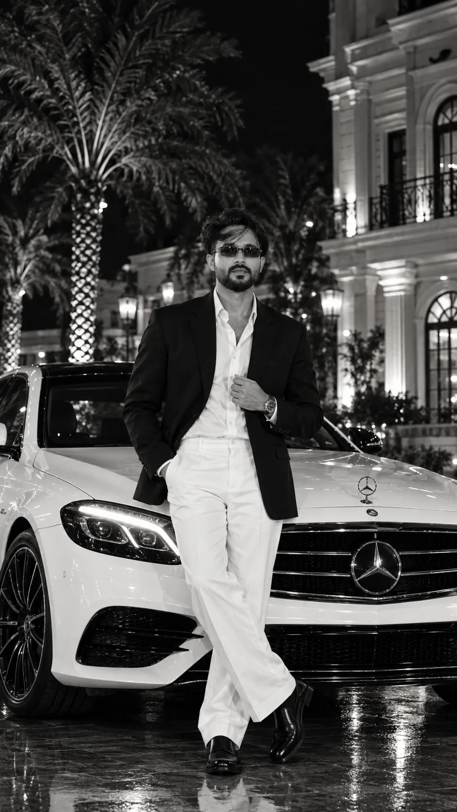Create an ultra-photorealistic, high-end cinematic black-and-white luxury fashion photograph inspired by the provided reference scene.