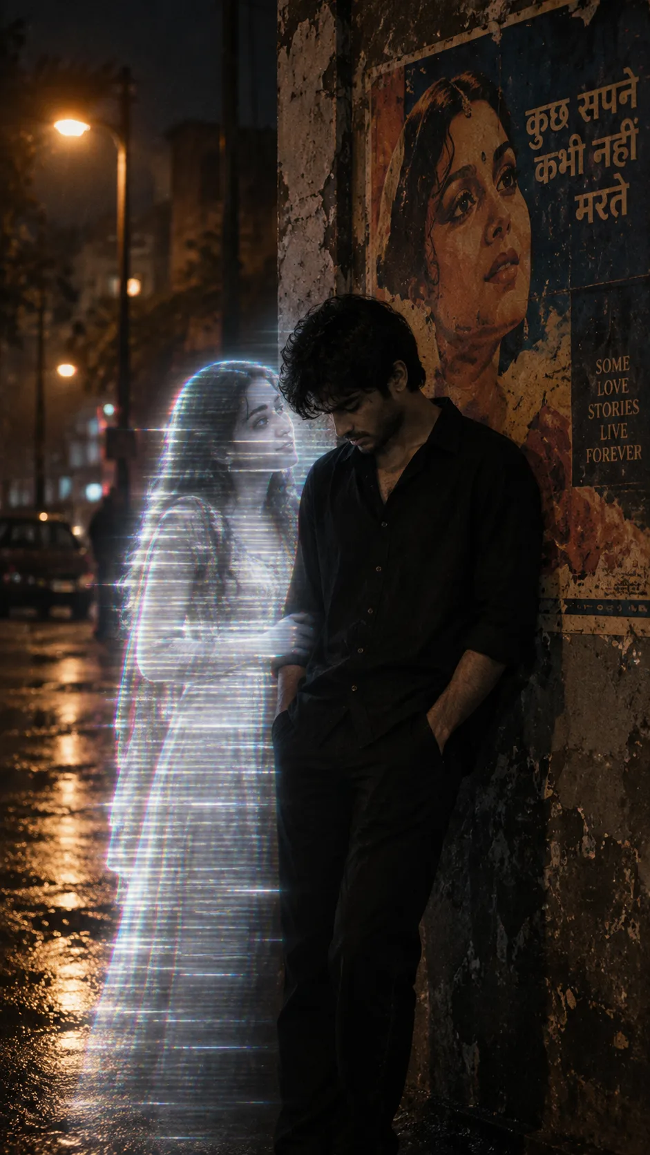Create a cinematic, dark night-time portrait of a young man standing alone on a quiet street.