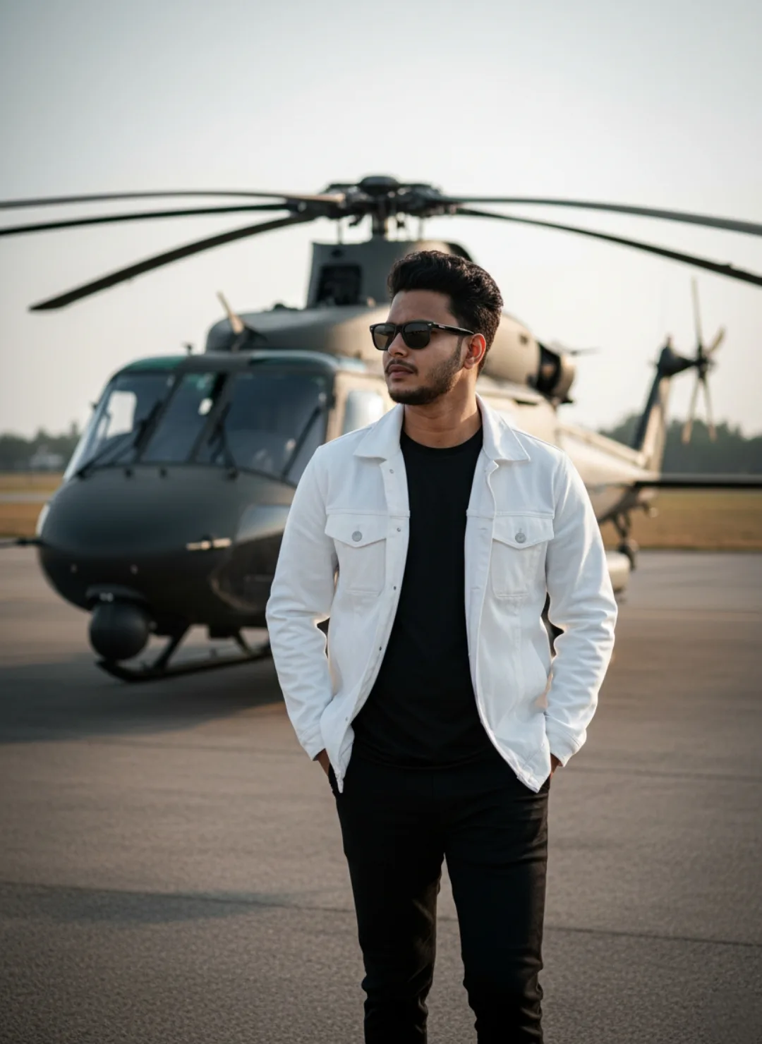 A cinematic, high-resolution portrait of a young man standing confidently on an airport tarmac in front of a matte dark helicopter,