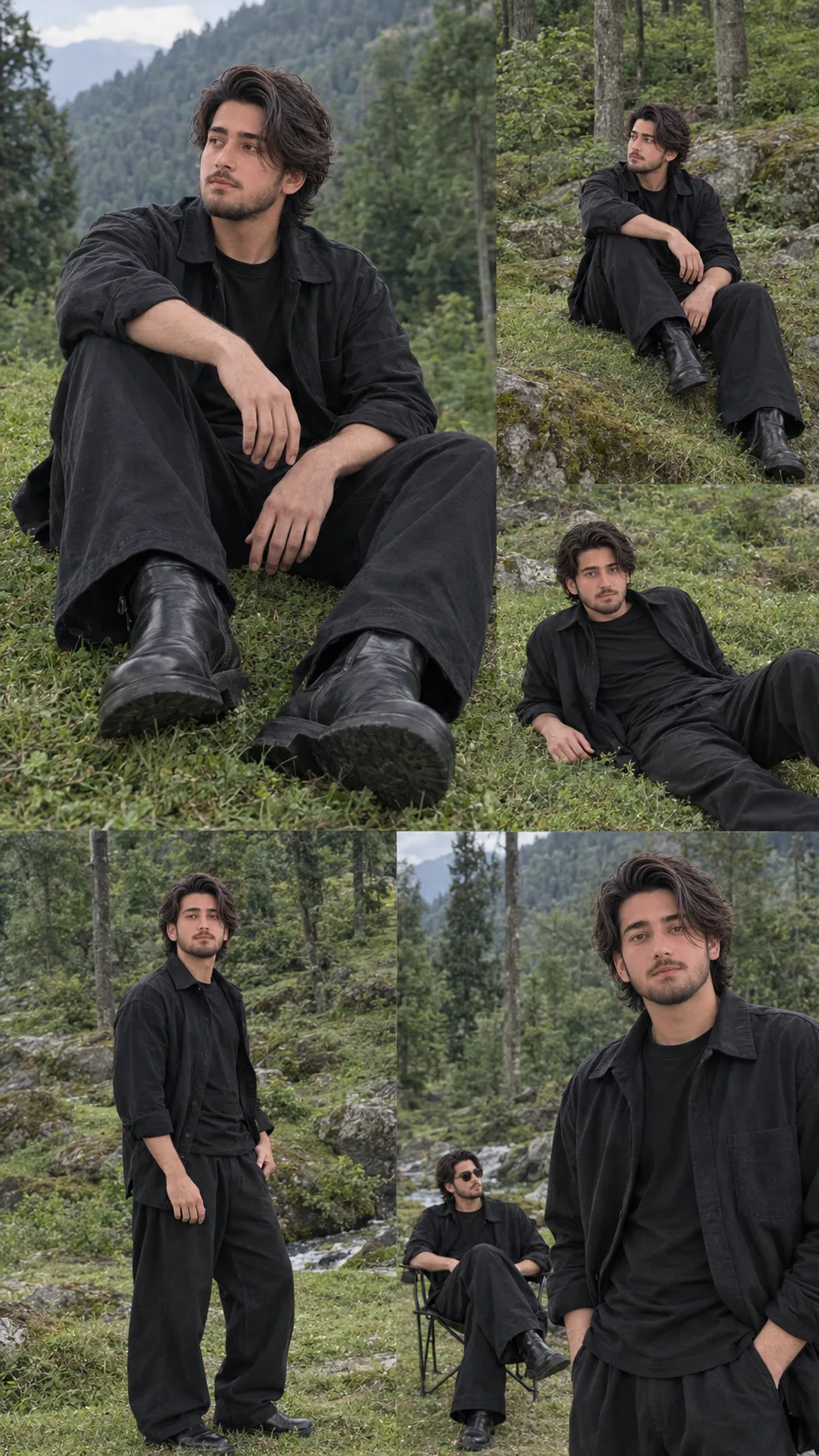 **Ultra-realistic cinematic fashion photography collage featuring the same handsome young adult South Asian man in multiple natural poses,