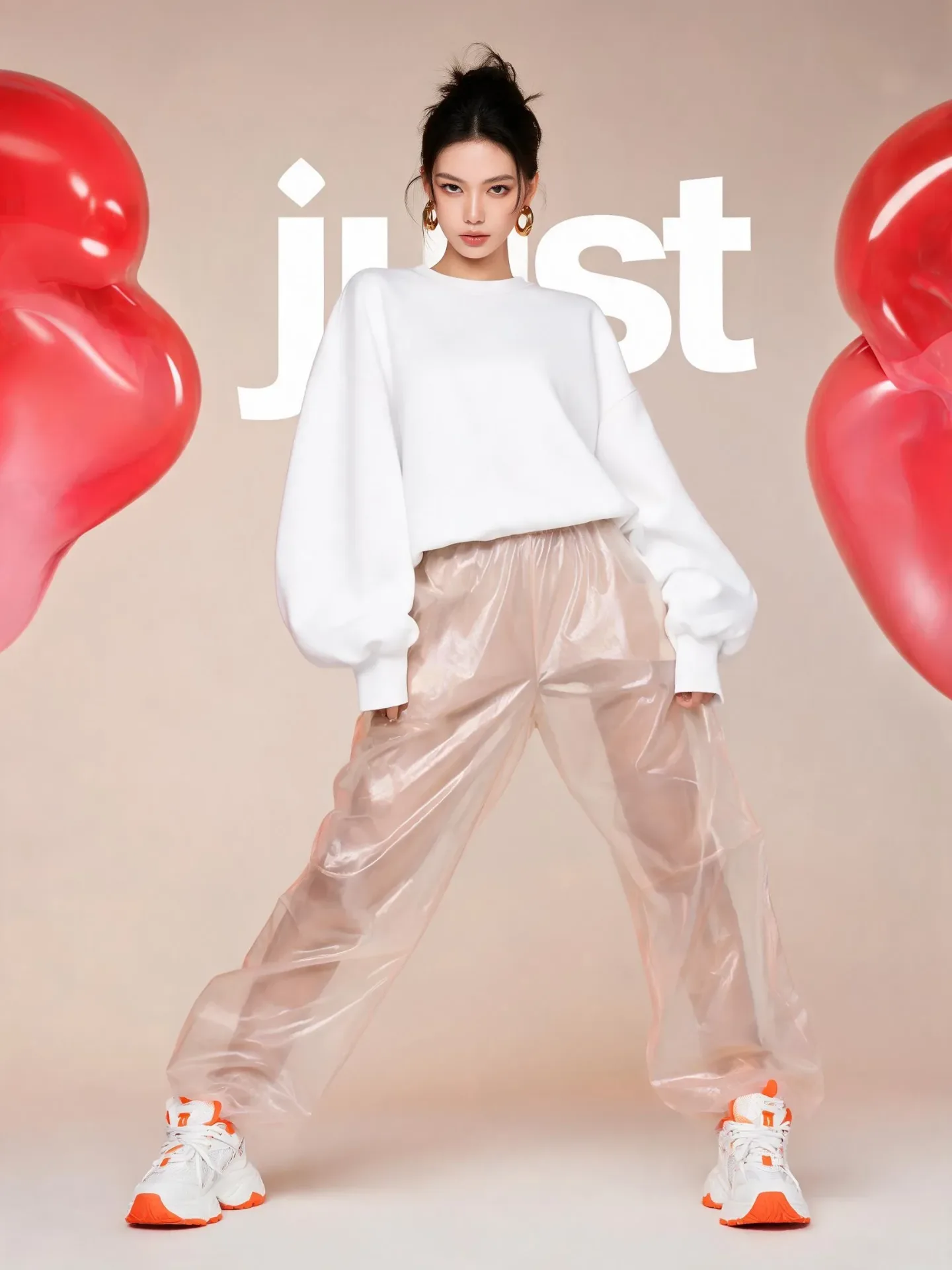 Subject & action Full-body portrait of a female fashion model in a dynamic wide-leg stance, wearing an oversized minimalist white