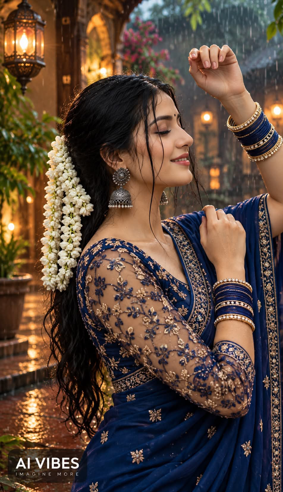 Create a premium vertical 4:5 cinematic South Asian saree portrait featuring a completely new and unique young South Asian woman with a