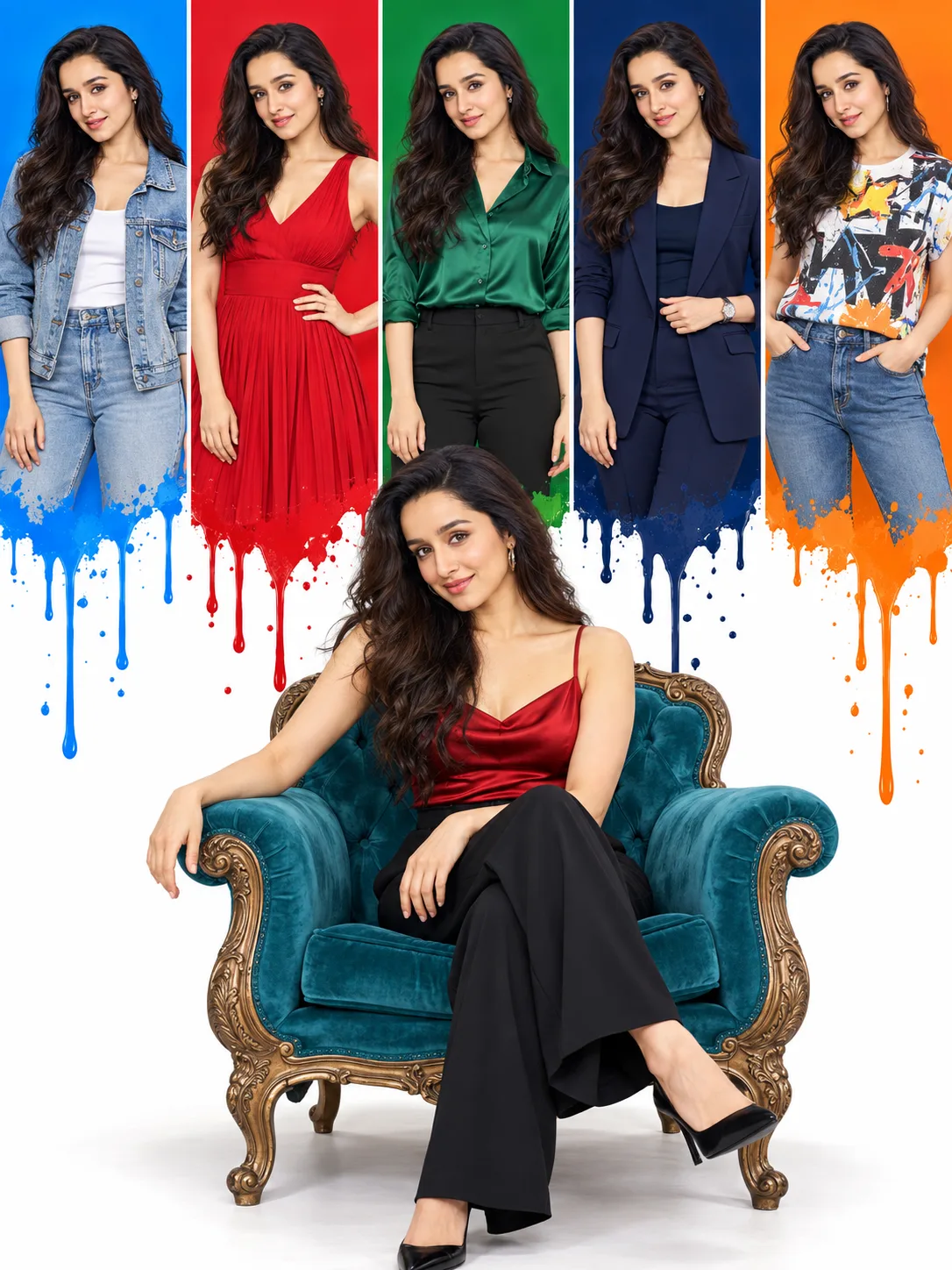 CONCEPT — EXACT: A vertical poster composite — five tall color-block panels in a row across the top, each holding a standing portrait of