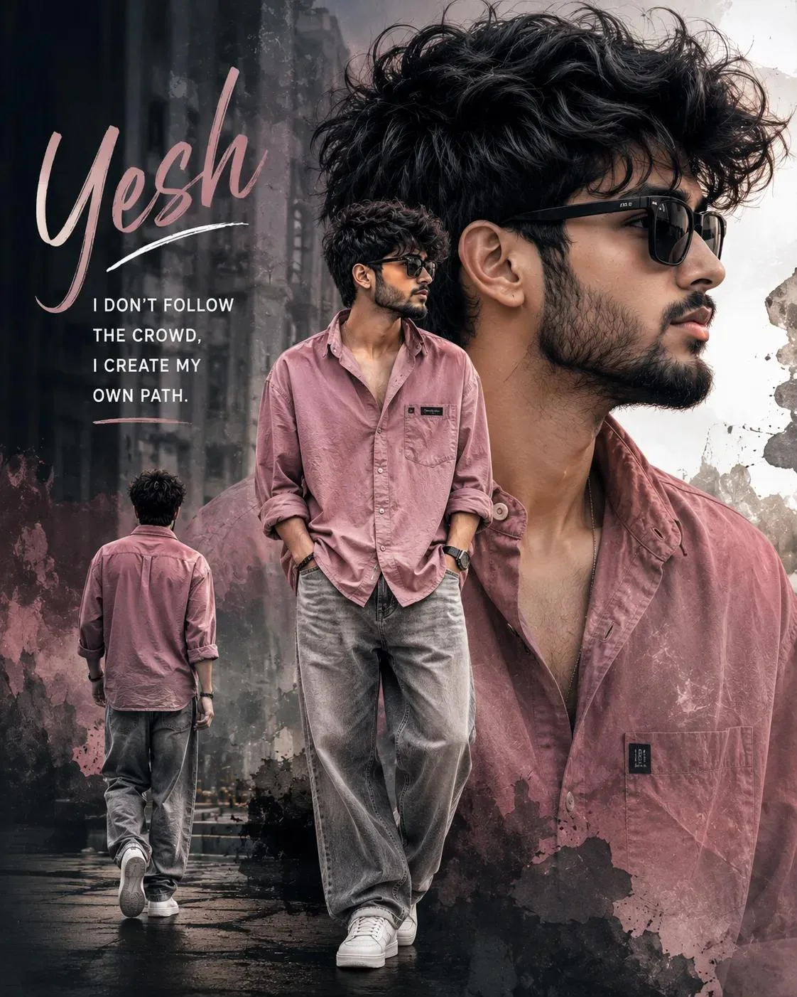 A stylish handsome young Indian man with messy textured hair and beard, wearing black sunglasses, a dusty pink oversized shirt, grey