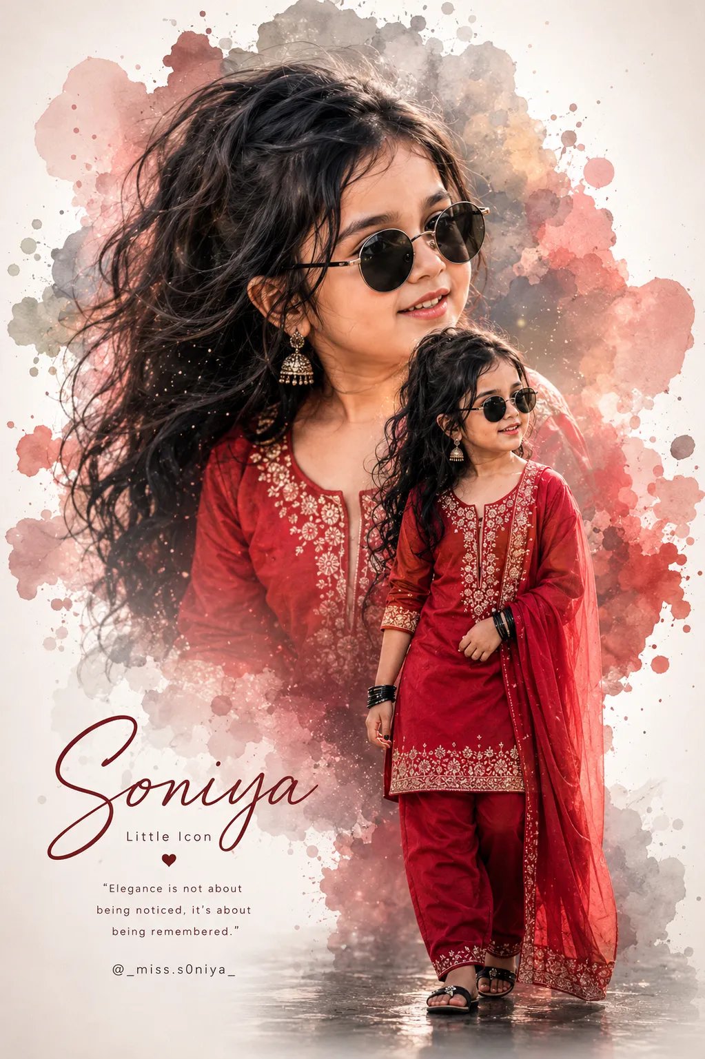 (ᵔᴥᵔ)BABY🐥PRONT-⤵️ a beautiful young Indian baby girl with long voluminous wavy black hair, wearing round black sunglasses, elegant red