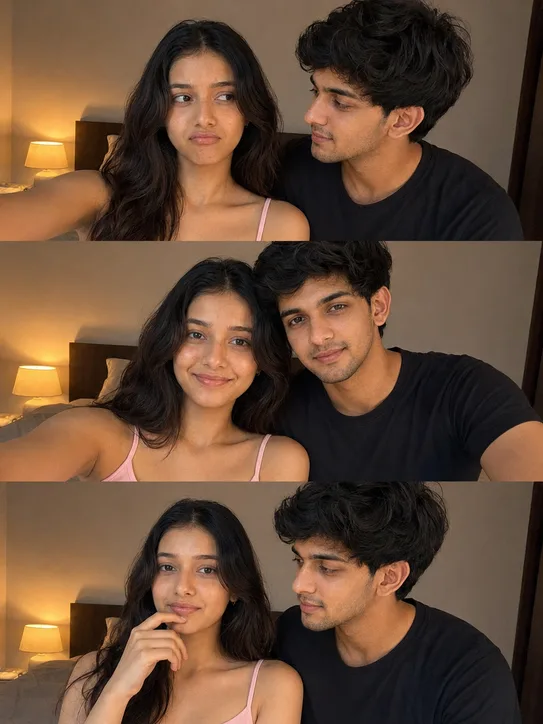 Using the provided reference image of the couple, create a premium 3-photo romantic collage while preserving the exact same facial