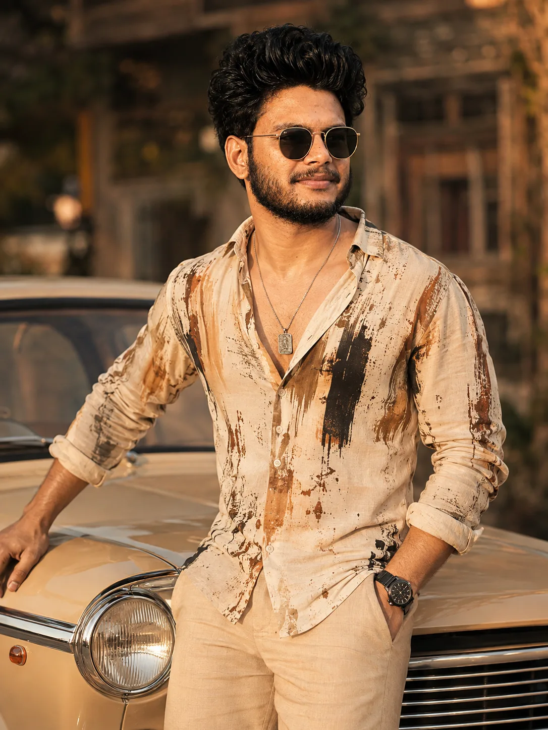 Here’s a strong, detailed prompt you can use: **Prompt:** A stylish young Indian man with curly black hair, well-groomed beard and