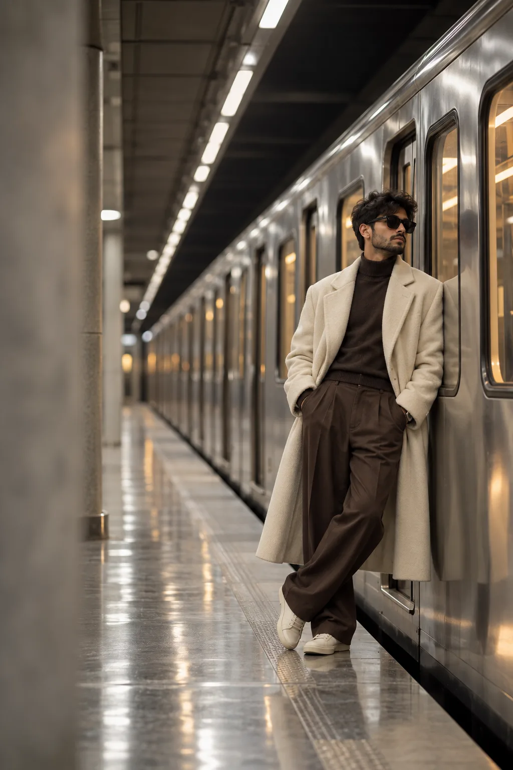 Sophisticated medium-long full-body fashion editorial on an almost empty underground train platform, a stylish subject leaning casually