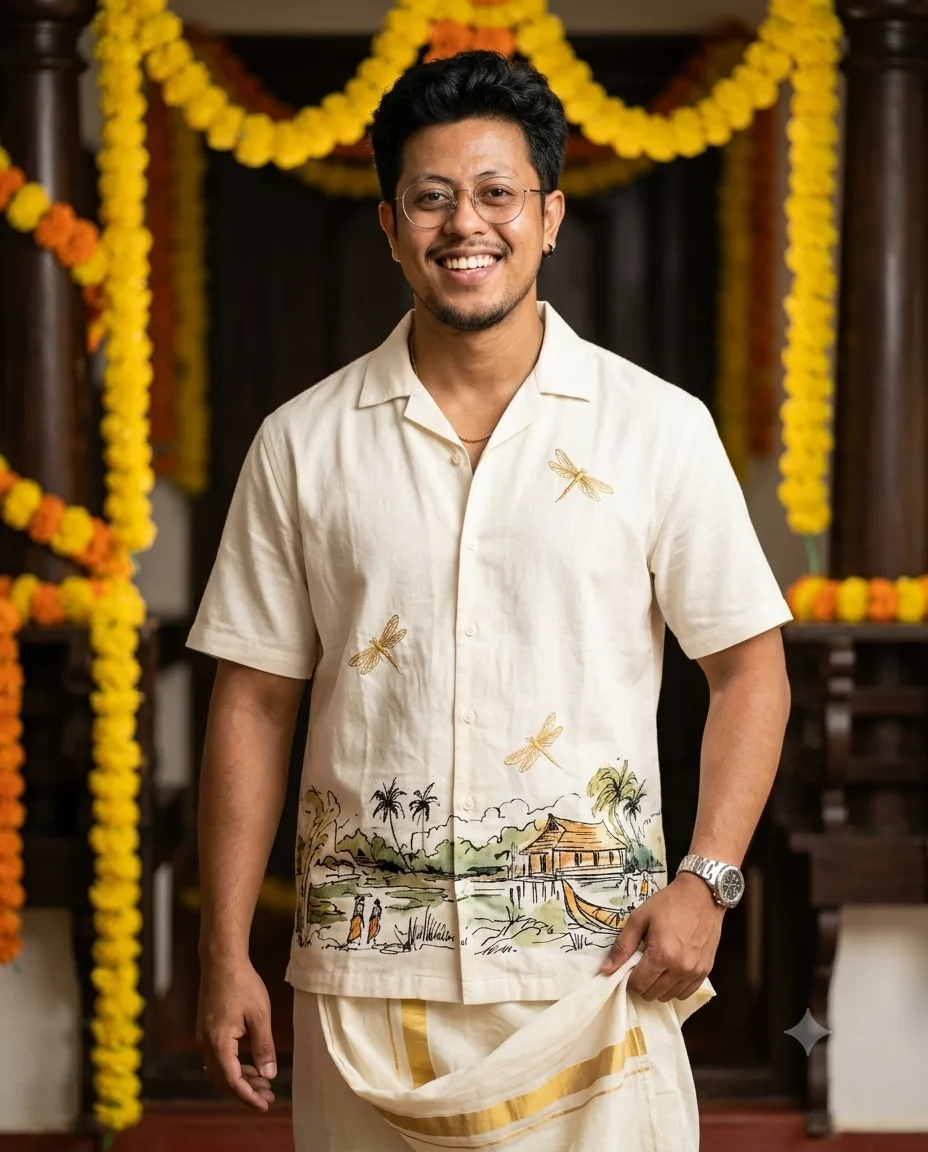 PROMPT Create an ultra-realistic cinematic South Indian Kerala Onam men's fashion editorial portrait recreating the provided reference