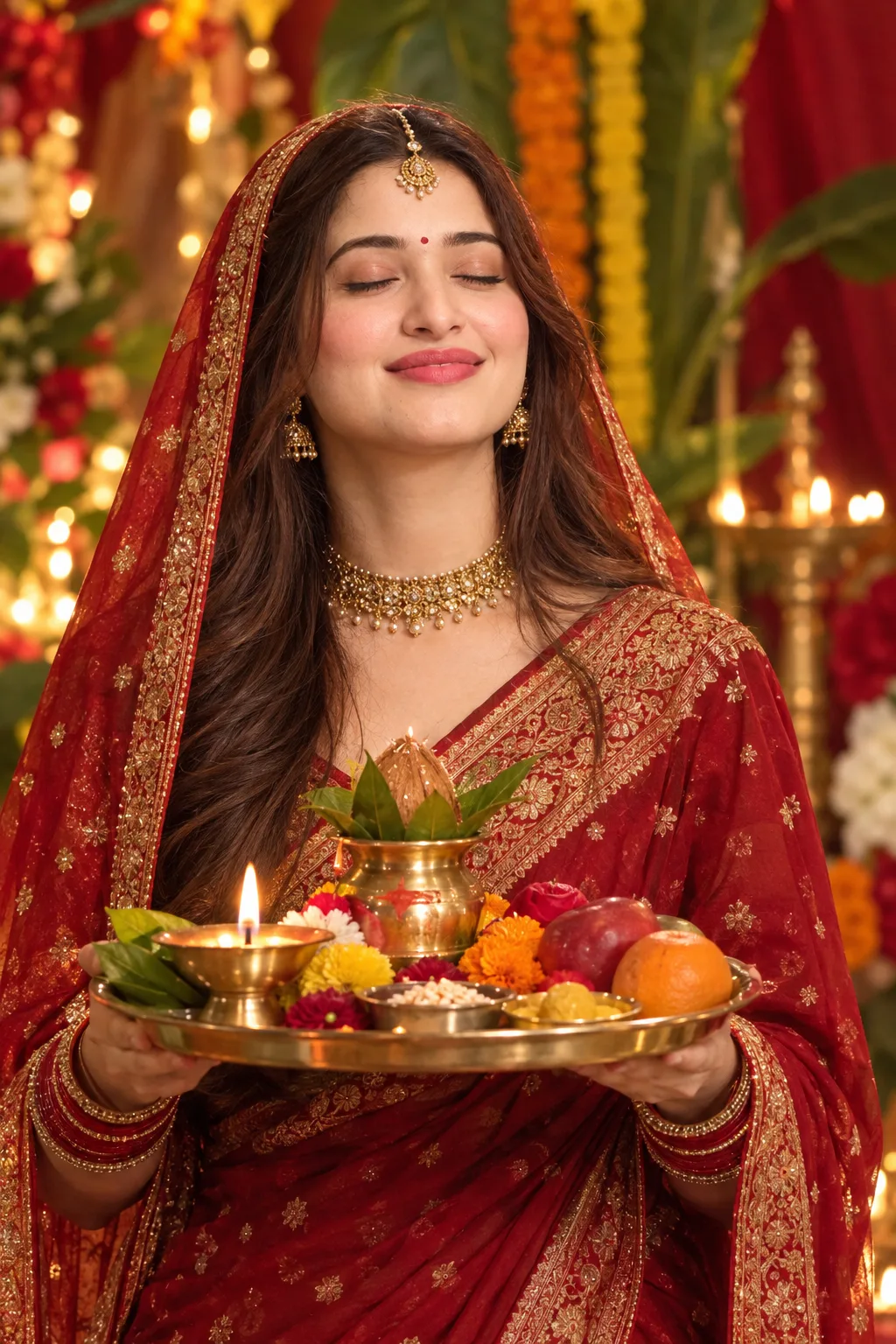 A highly realistic cinematic portrait of a beautiful young South Asian woman performing a traditional Indian puja, dressed in an elegant