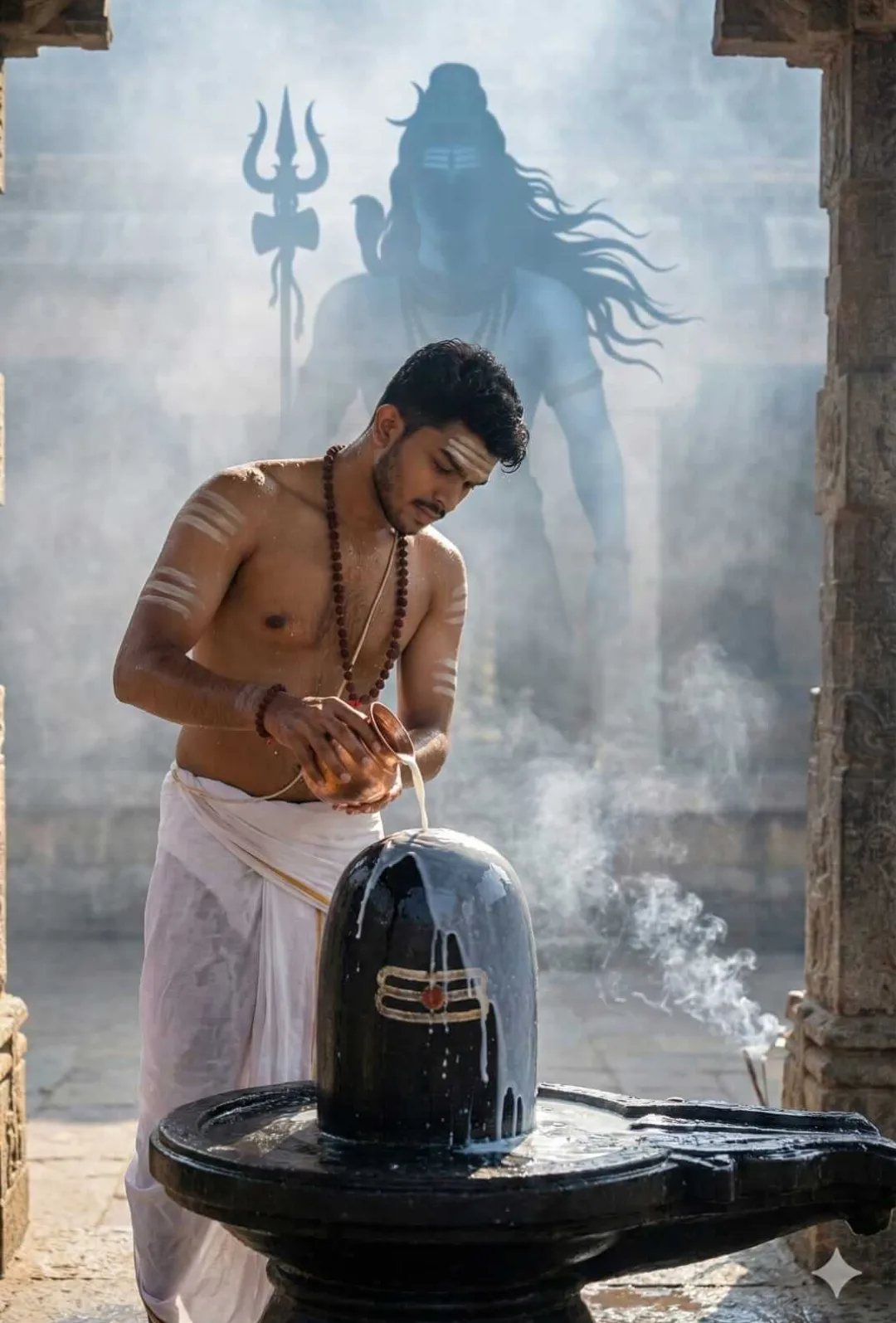 “Handsome Indian man performing Shivling abhishek, pouring milk over a large black stone Shivling.