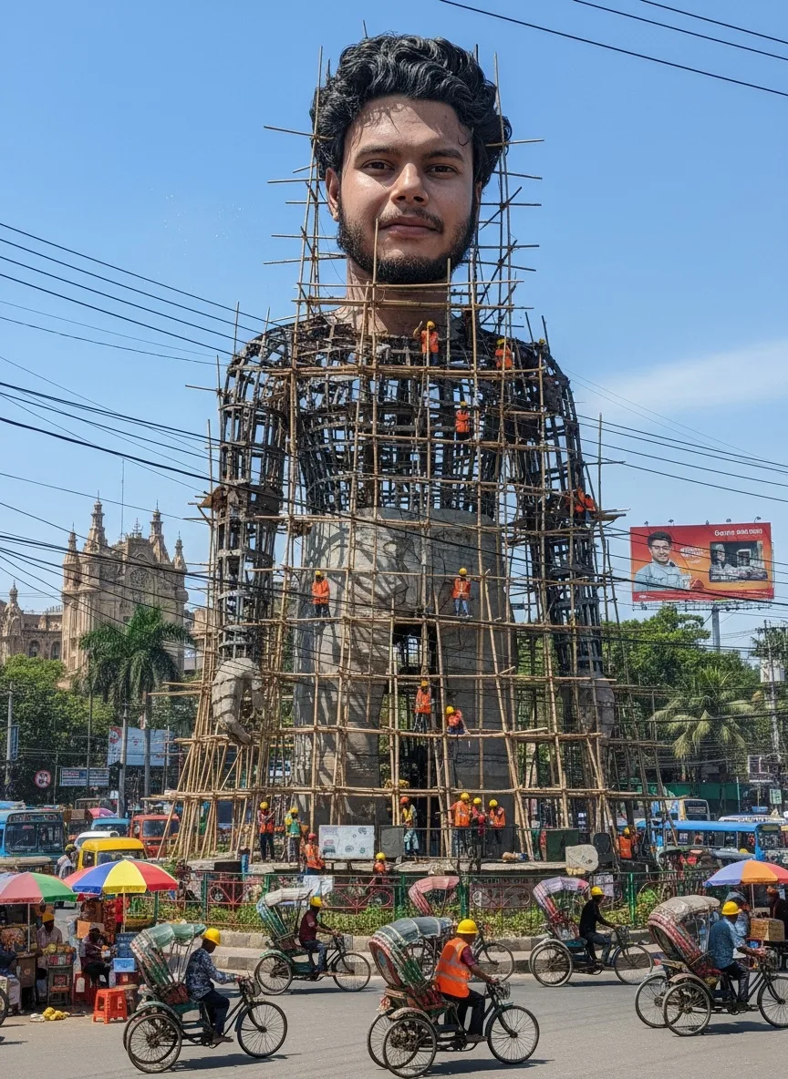 Create an ultra-realistic, highly detailed vertical photograph of a massive human statue being constructed in the middle of a busy Indian