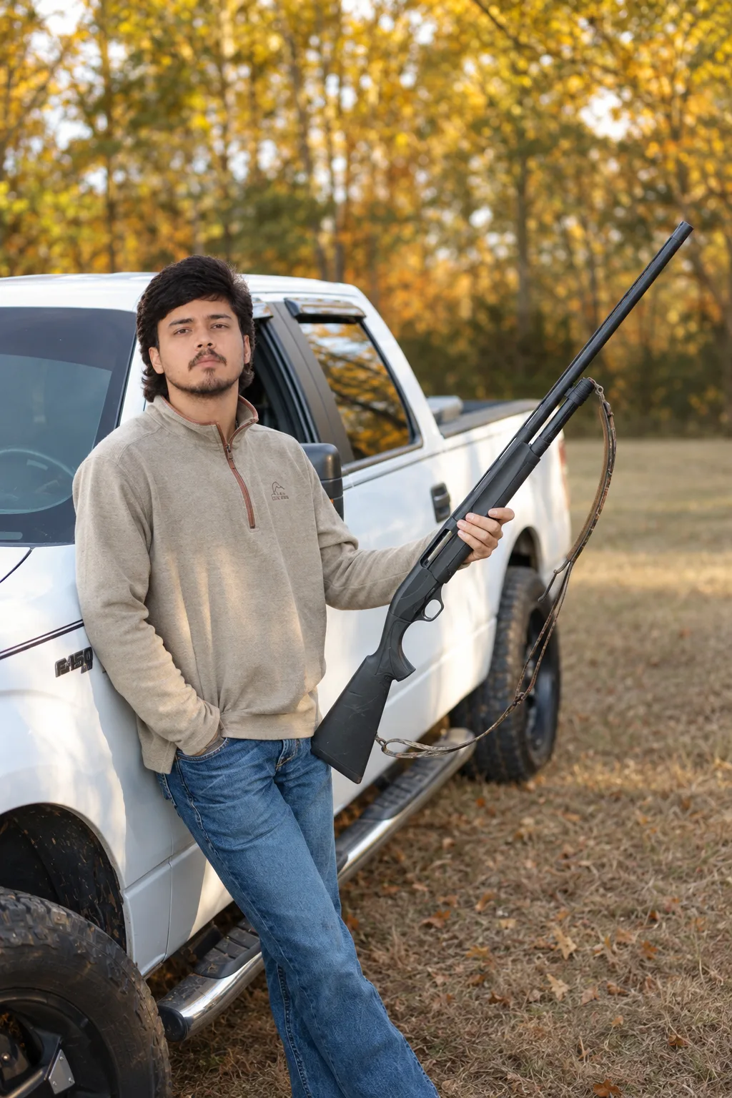 A photorealistic young South Asian man standing confidently beside a white pickup truck in a peaceful autumn countryside setting.