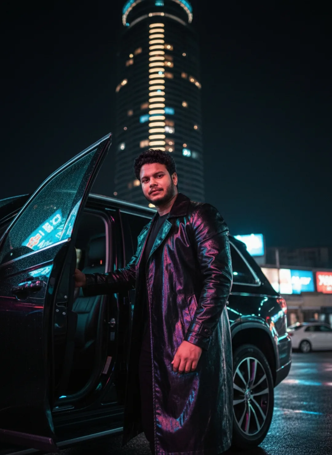 A stylish young man with short curly dark hair and a light beard stands confidently next to the open driver-side door of a sleek black SUV