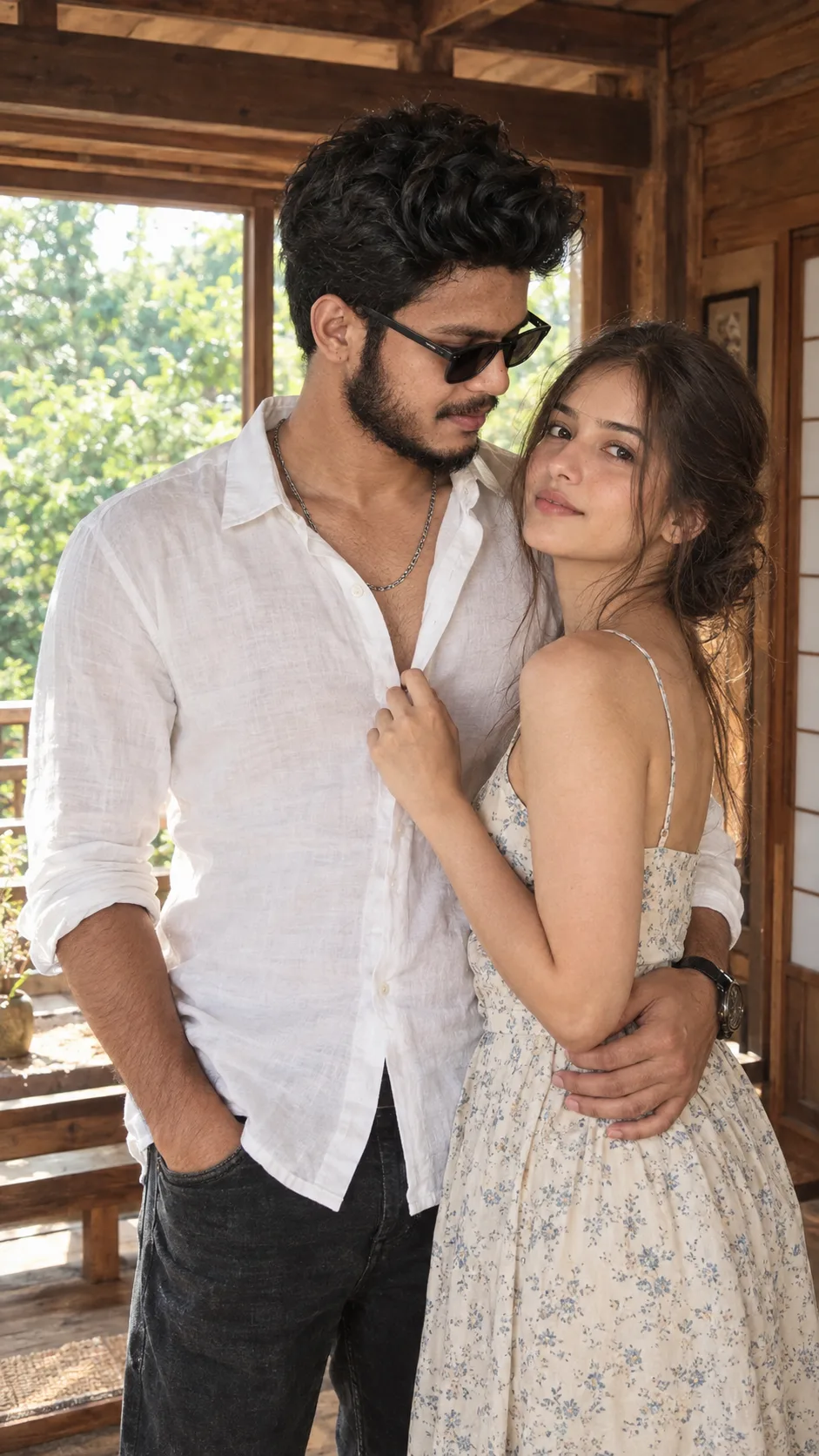 Prompt: > A candid intimate couple portrait in a warm rustic wooden room, photographed in natural daylight, 9:16 vertical.