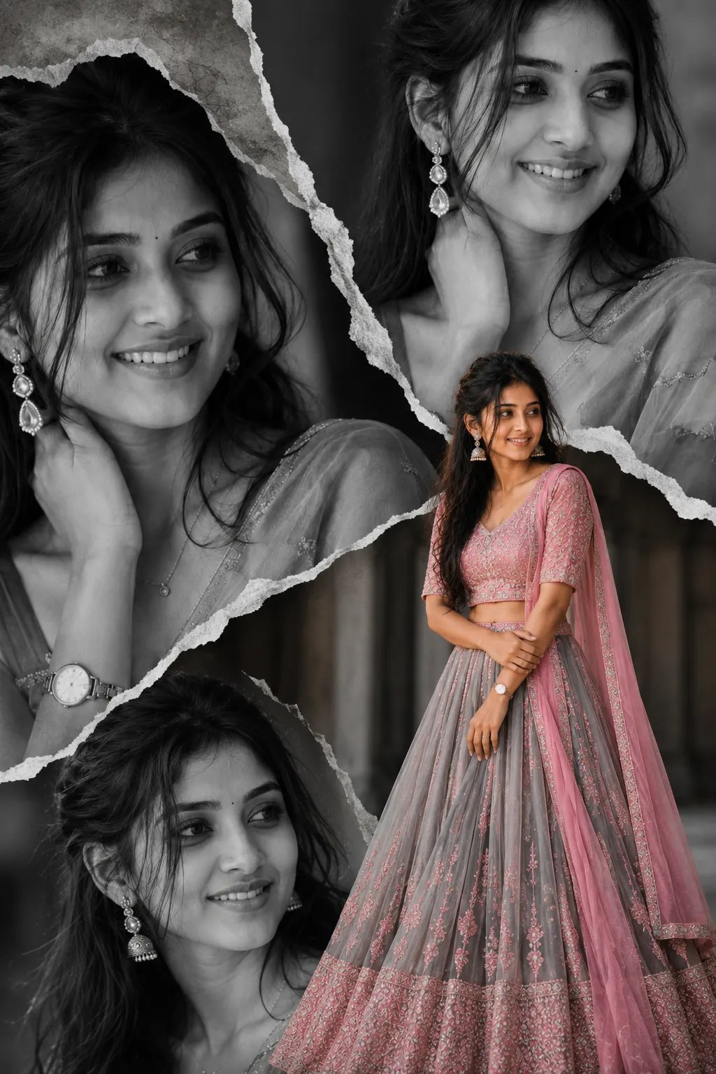 A uploaded image create Ultra-realistic of a cute Indian girl, black-and-white aesthetic with torn paper effect, 3 smiling close-up