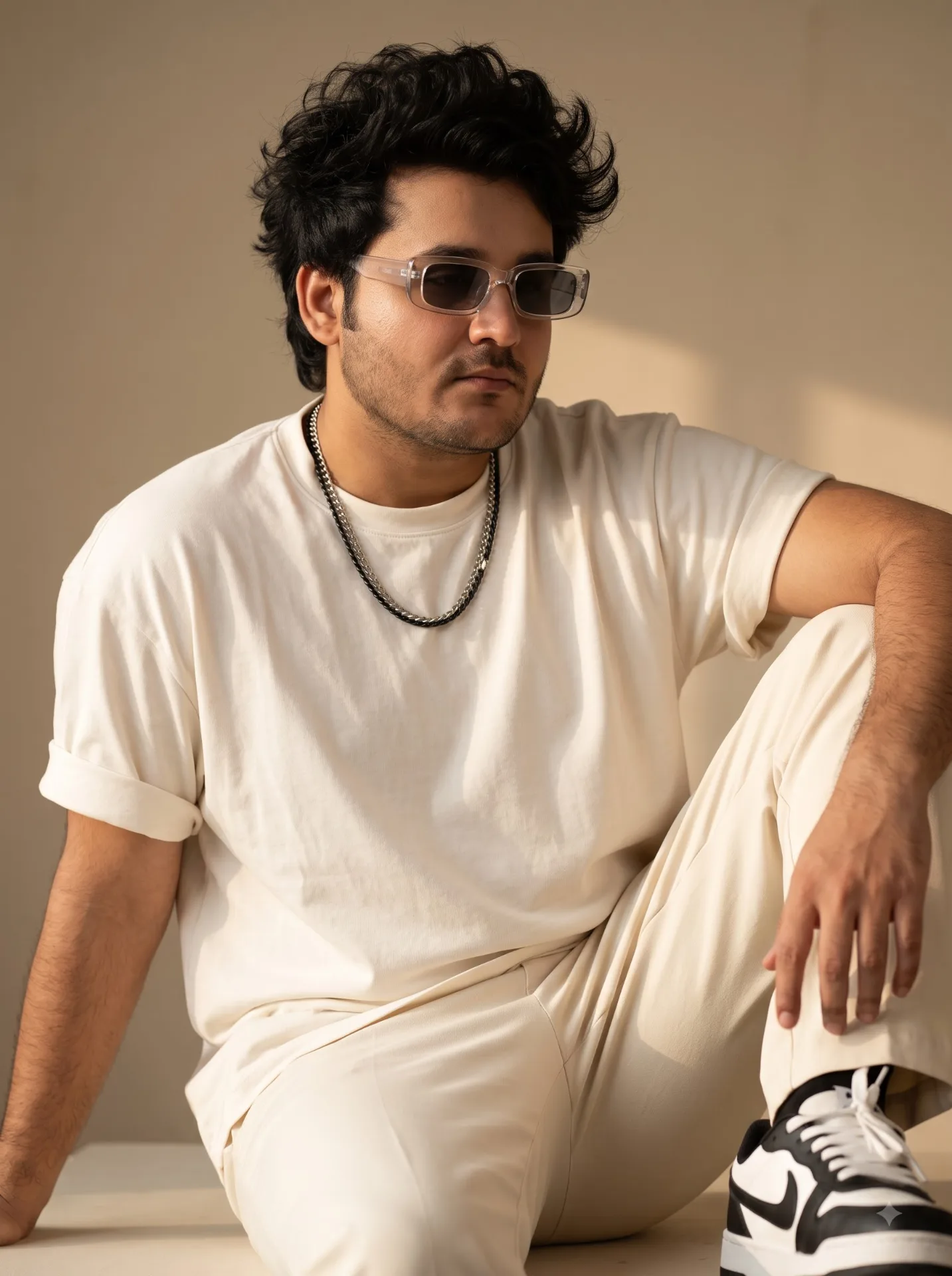 Create an ultra-realistic cinematic luxury editorial portrait of a handsome South Indian man in his late thirties standing partially in the
