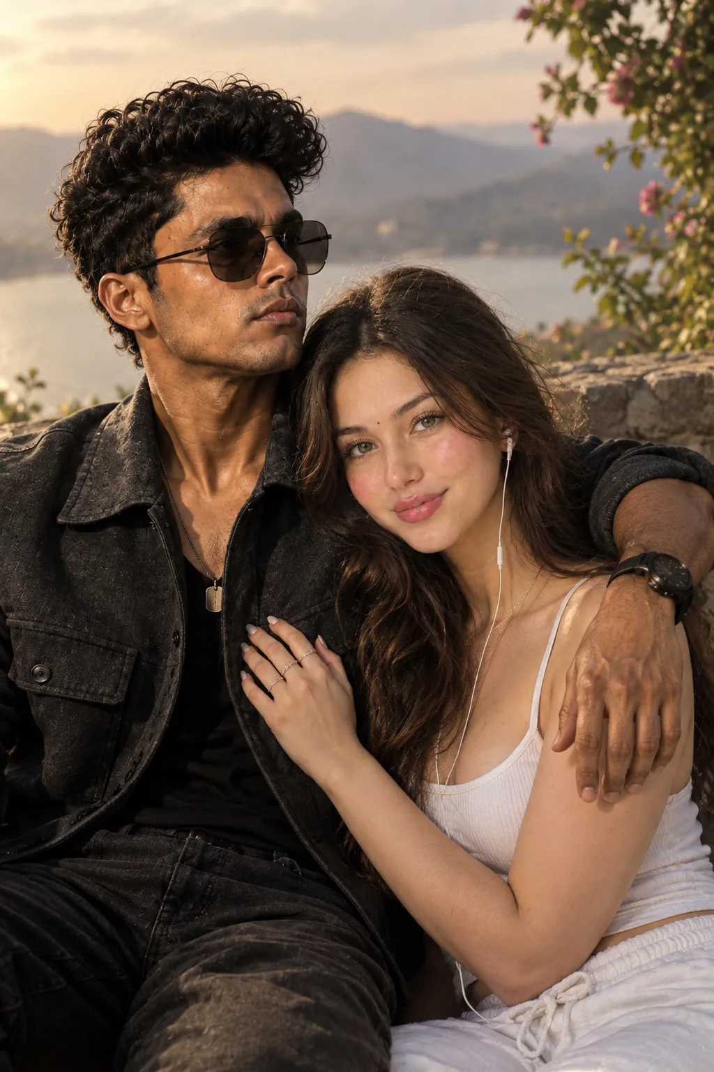Prompt > Ultra-realistic 8K RAW cinematic couple portrait of a young Indian man and a beautiful young woman sitting closely together at a