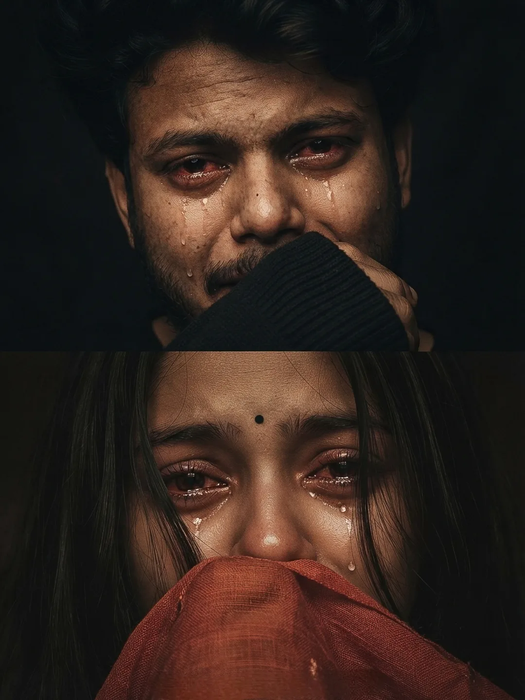 Photorealistic emotional split-screen collage featuring two close-up portraits of visibly crying young people, upper panel showing a young