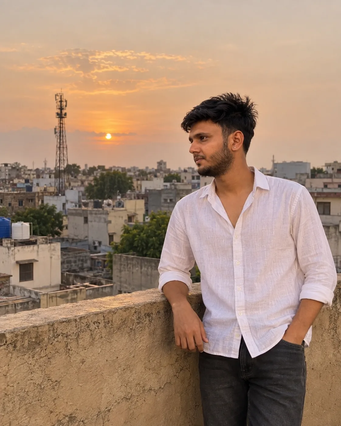📸 Exact Image Generation Prompt > Create an ultra-realistic cinematic rooftop portrait of a young adult South Asian man, closely inspired