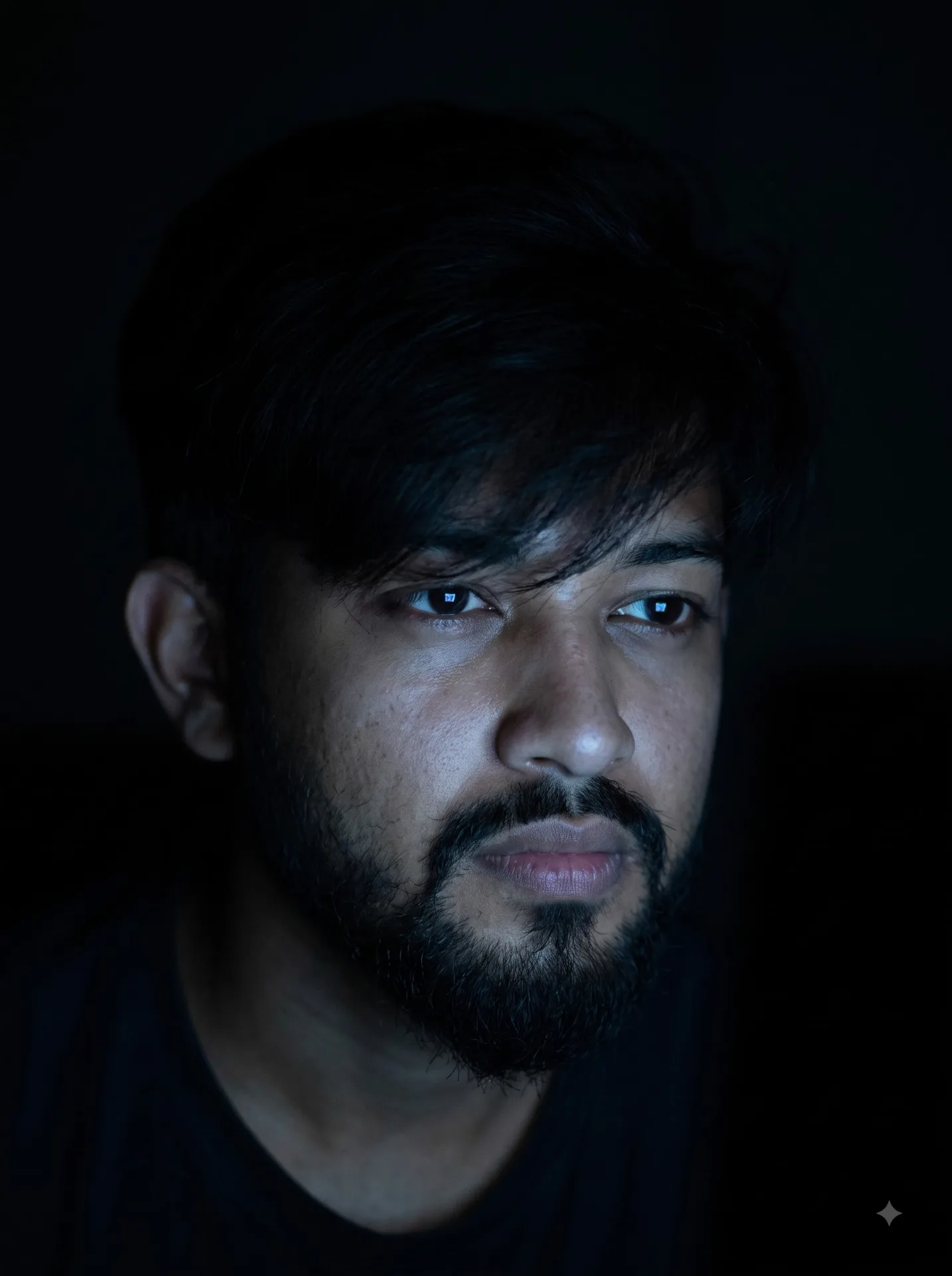 Close-up portrait of a young man sitting in a dark room, illuminated only by the soft blue glow of a television screen.
