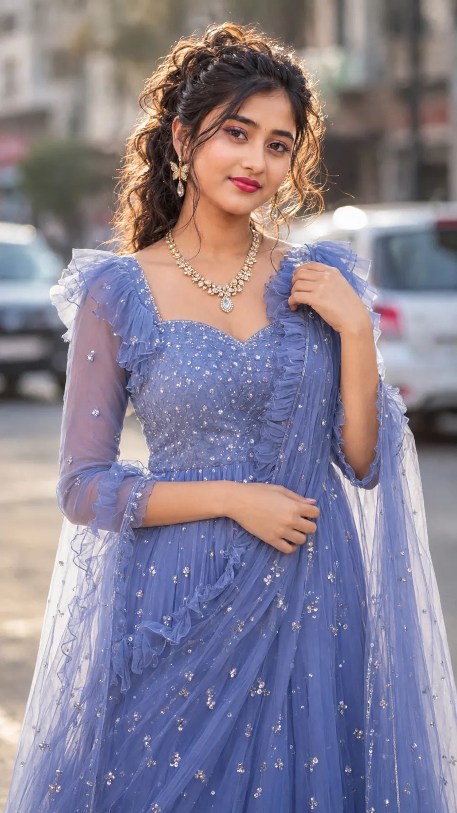 Prompt ⤵️ 💫 With original face, long wavy hair curly with ponytail stylish loose bun, glamorous make up with pink peach lips, stone gold