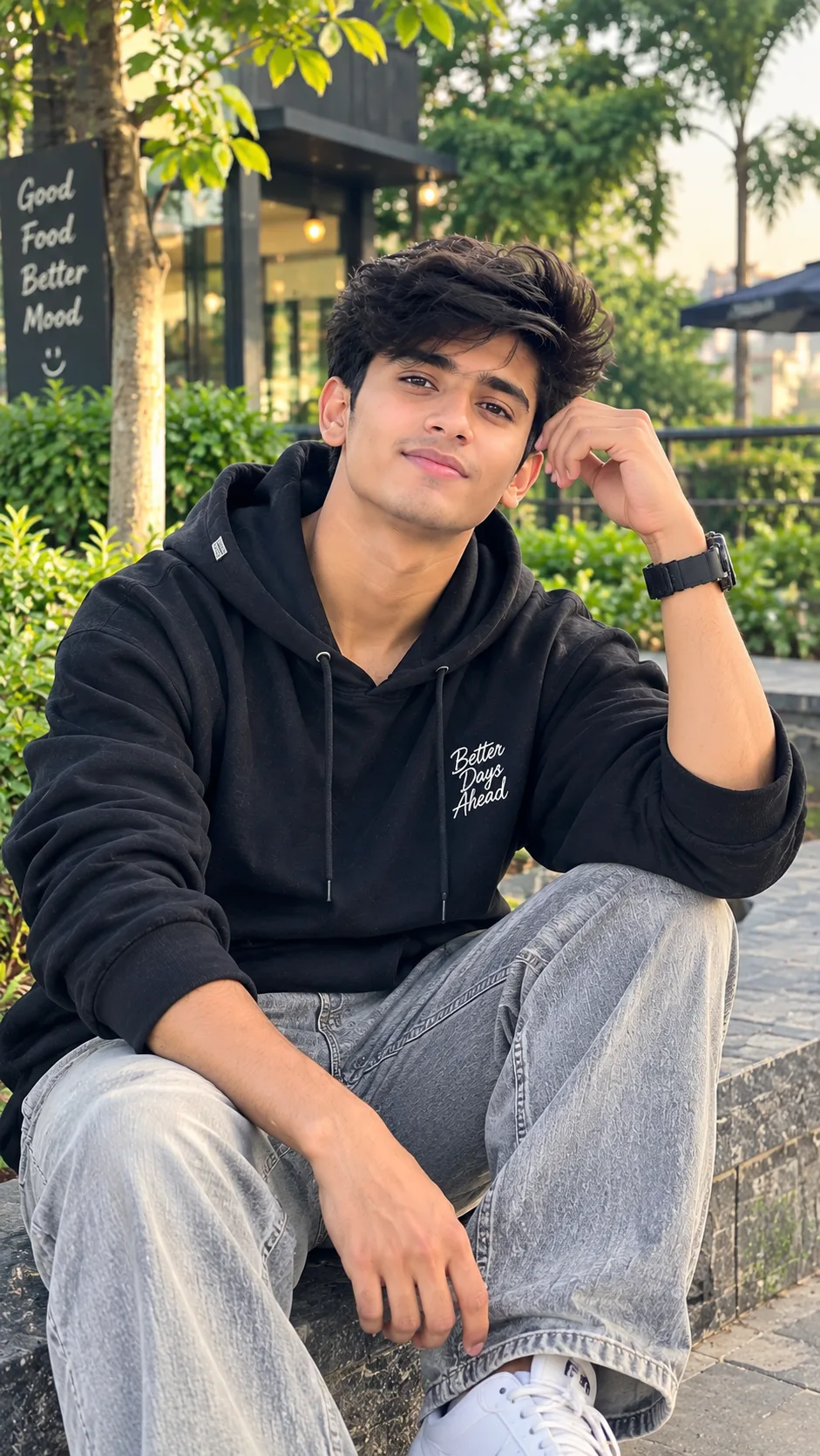 A highly realistic cinematic portrait of a handsome young South Asian man wearing a premium black oversized hoodie, loose washed-gray jeans