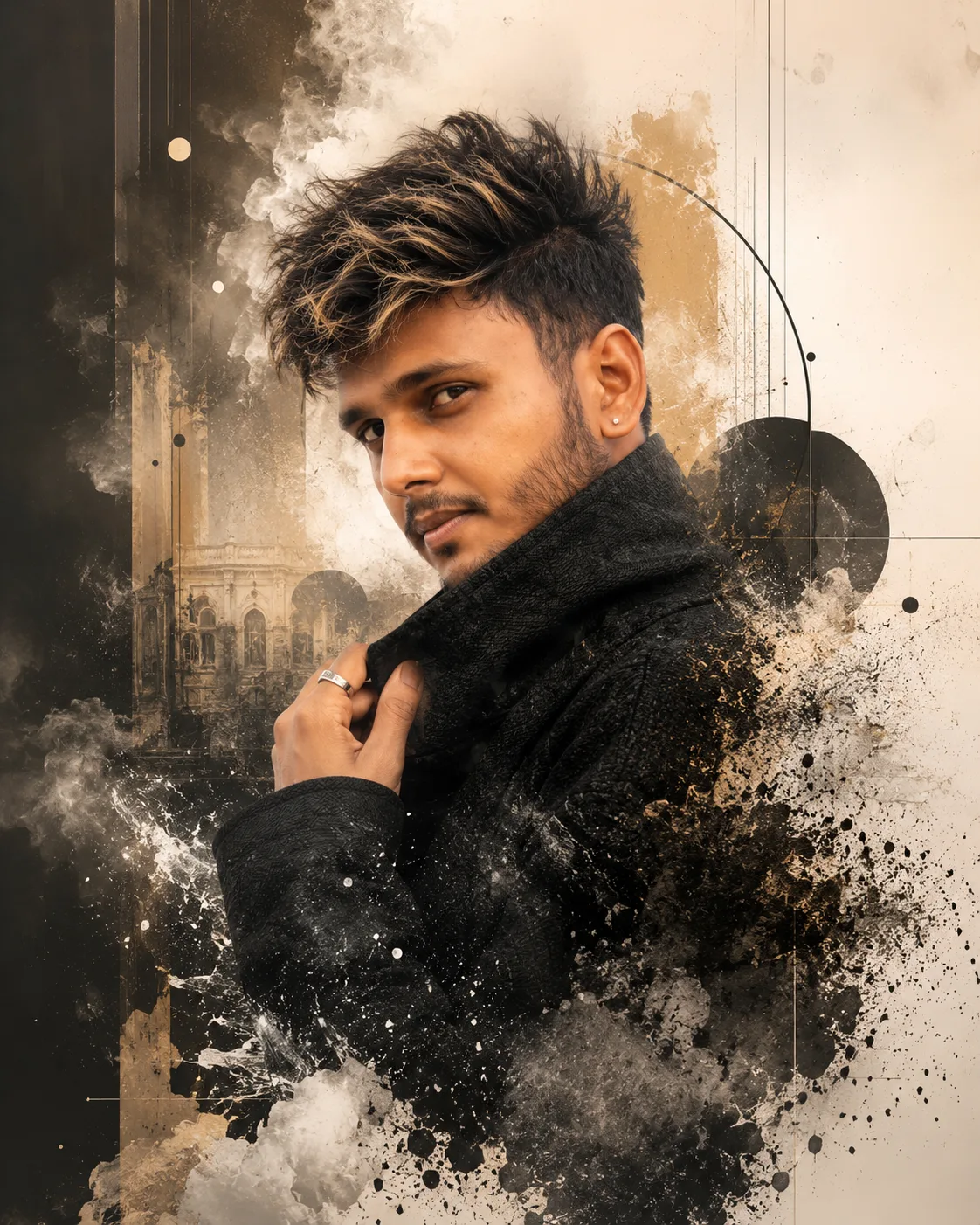 Create a highly realistic, ultra-cinematic editorial portrait inspired by the overall composition and artistic mood of the reference image.