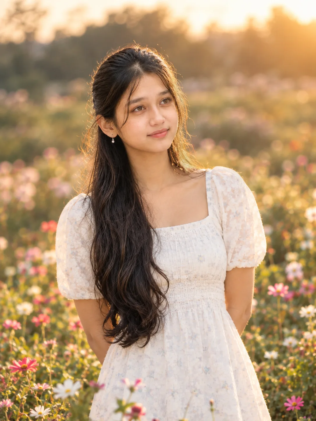 A highly detailed cinematic photograph of a young woman standing in a flower field during golden hour.
