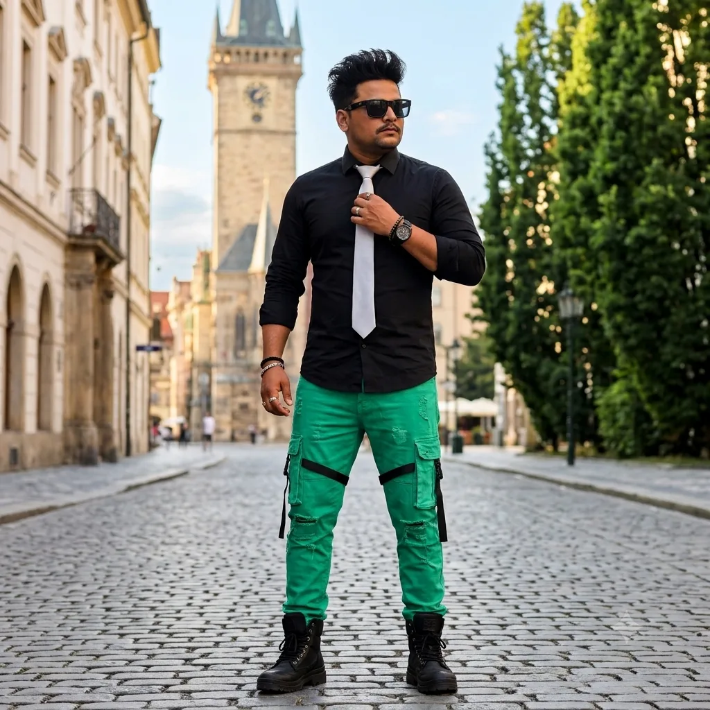 "Ultra-realistic full-body fashion portrait of a stylish young man standing confidently on a cobblestone European city street.