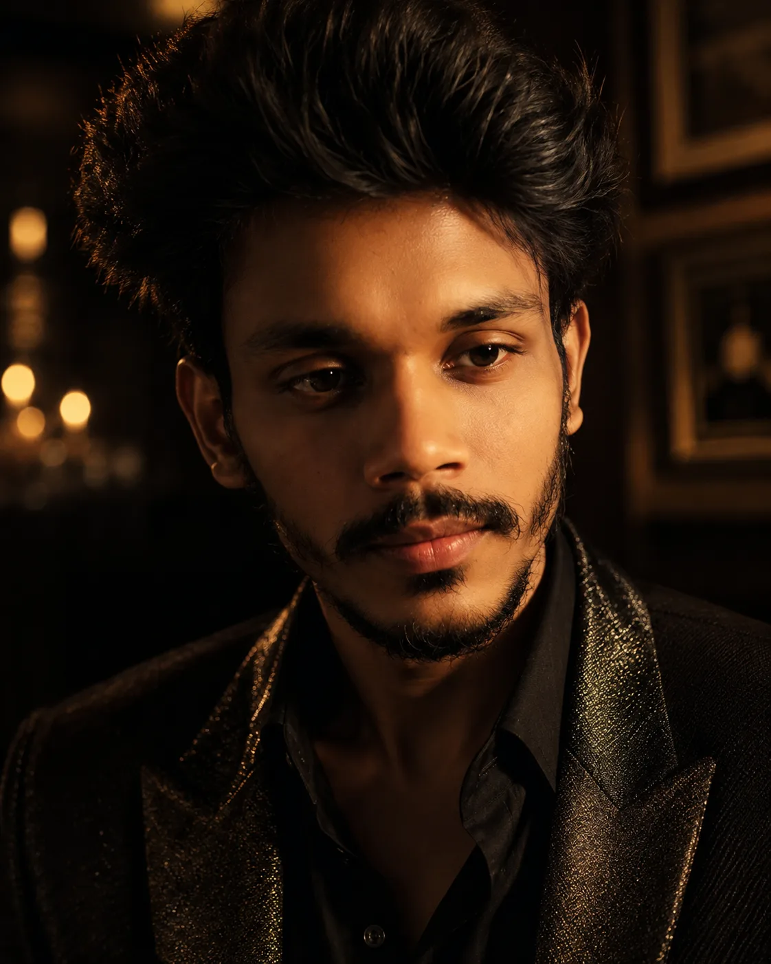 Hyper-realistic 8K cinematic close-up portrait of a handsome young South Asian man, intense and focused gaze directed slightly off-camera,