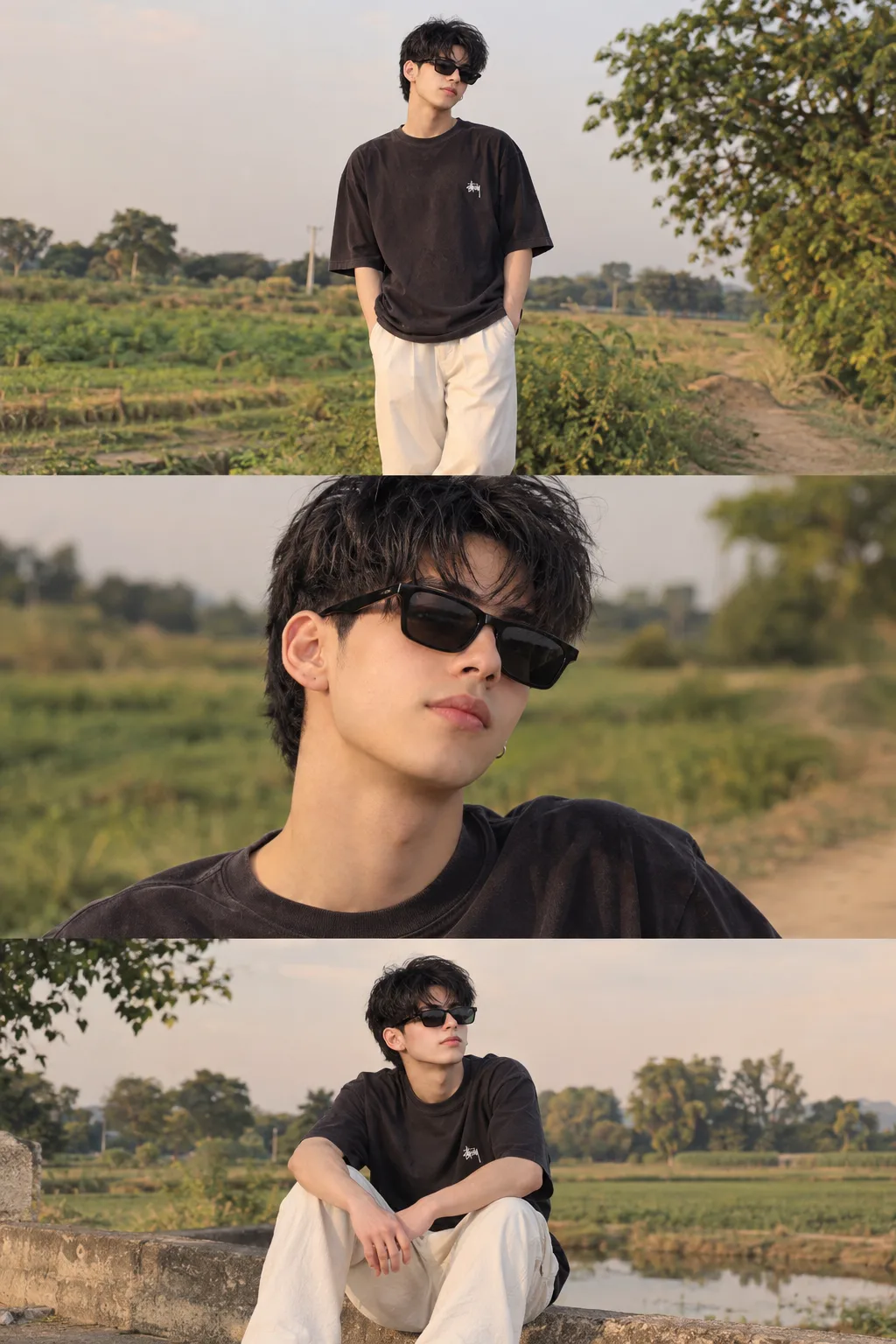 Create an ultra-realistic cinematic vertical 3-frame photo collage of the same young South Asian/Indian male model in a peaceful rural