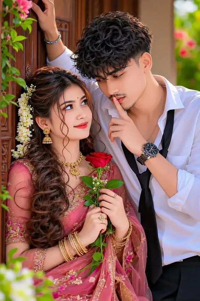 A high-quality, photorealistic close-up portrait of a romantic young South Asian couple in an intimate pose.